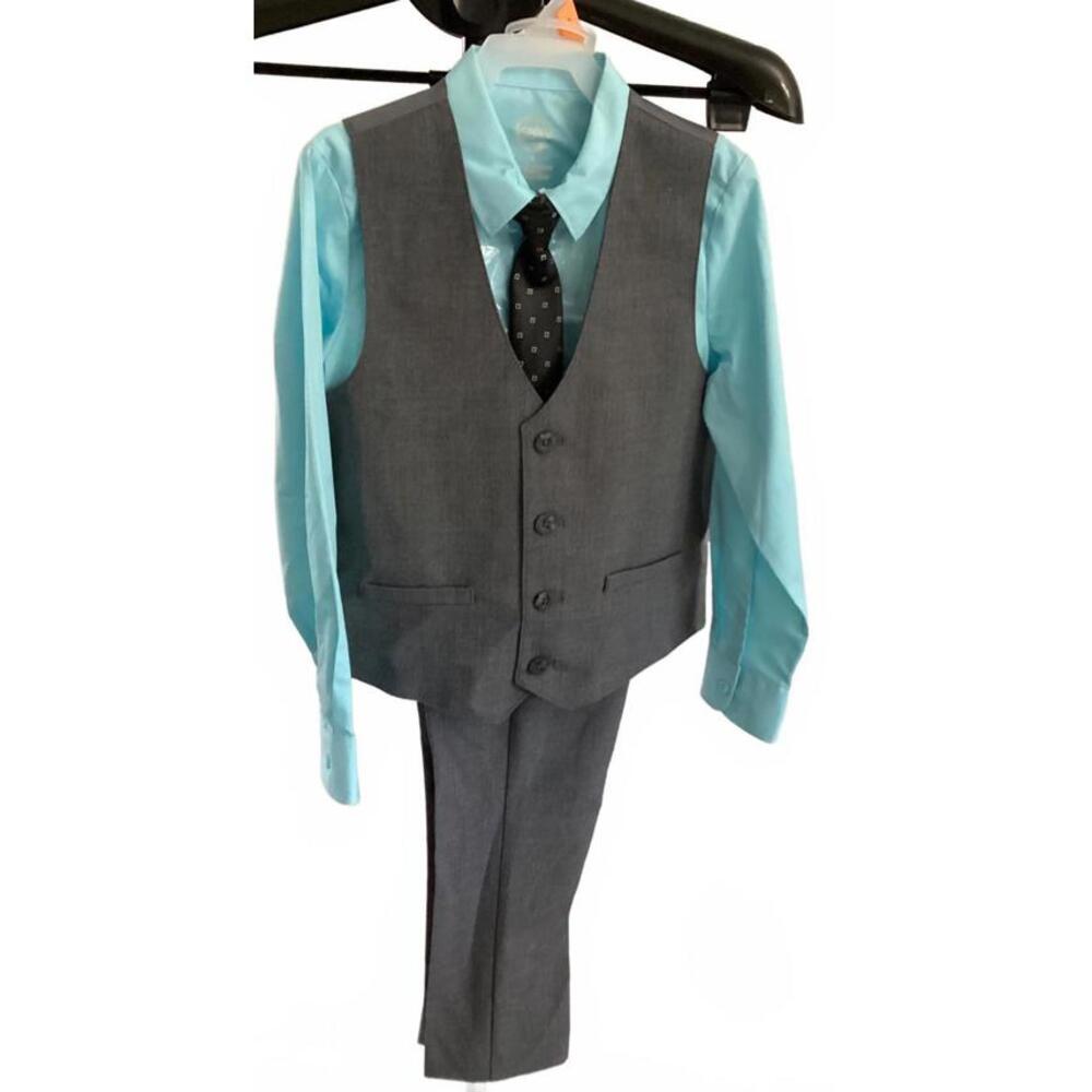 Boys 4-Piece Suit Set with Light Blue Shirt and Grey Vest & Pants